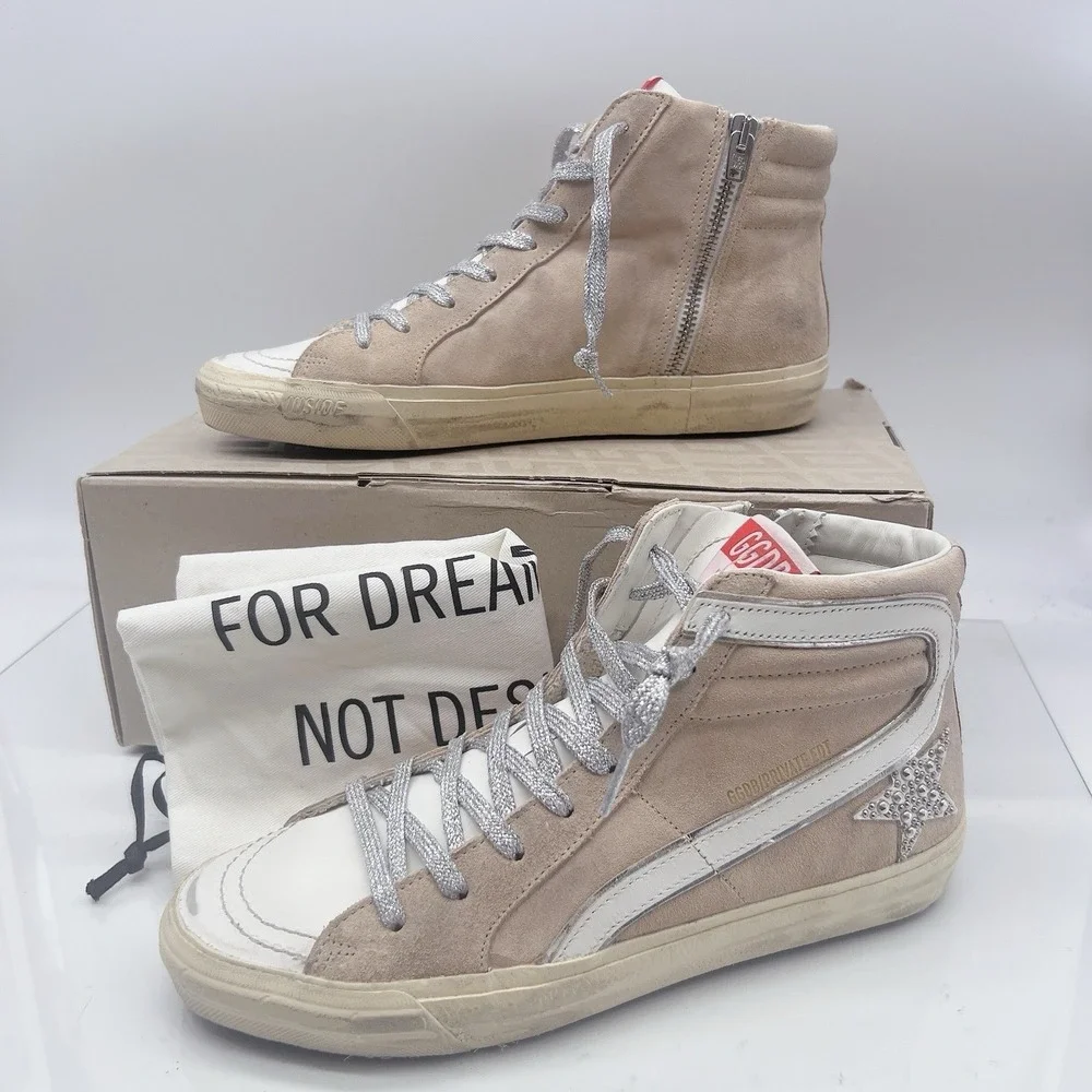 Golden Goose Slide High Top Glitter Distressed Sneakers Pink White Suede EU 39 - Picture 2 of 14